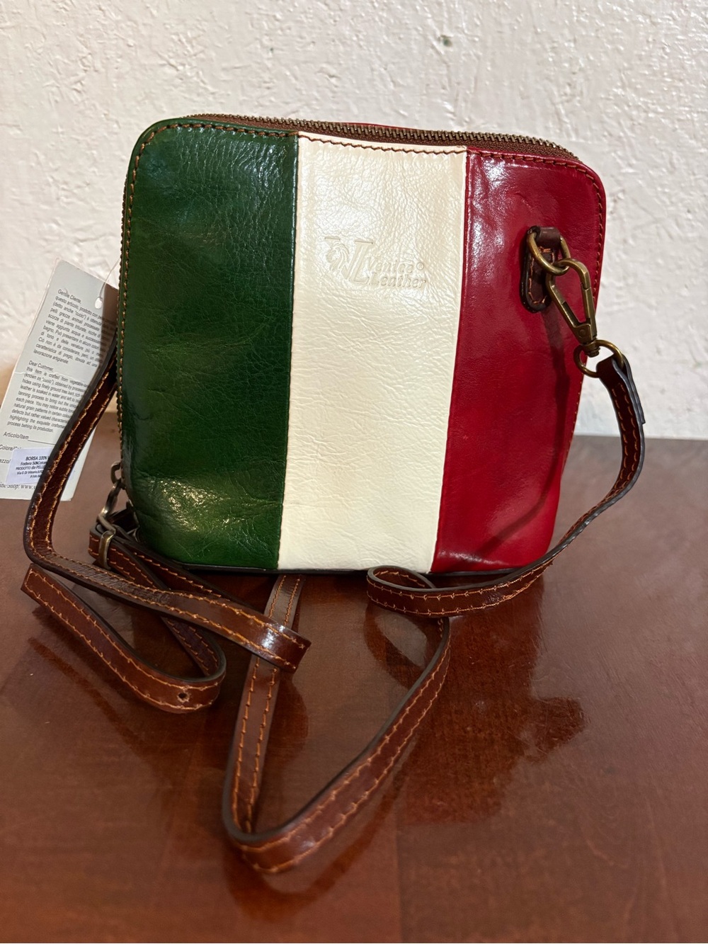 Venice Leather Colorblock Italian Flag Crossbody Bag with Zipper Closure.